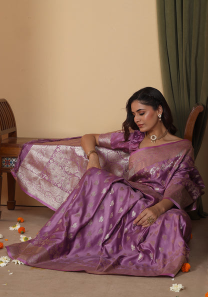 Satin Silk Zeri Saree Lavender Gold Zari