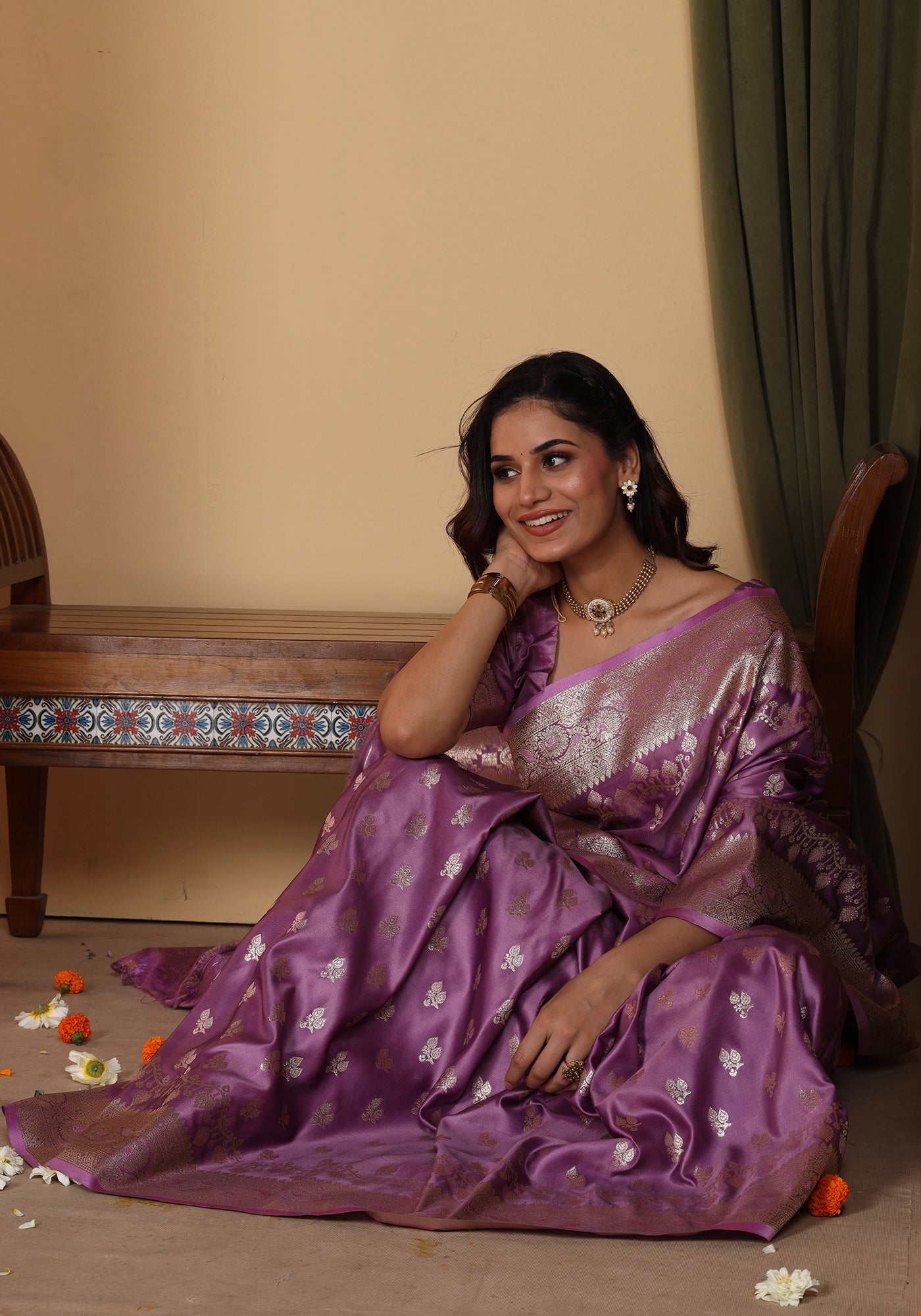 Satin Silk Zeri Saree Lavender Gold Zari