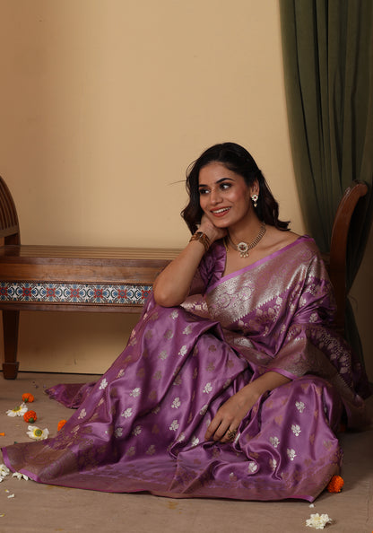 Satin Silk Zeri Saree Lavender Gold Zari