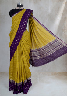 Soft Chanderi Silk Saree Mustard Yellow Purple Dotted Border