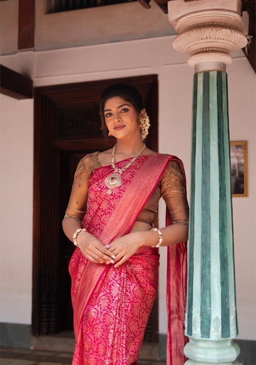 Red Gold Floral Vine Border VIYONA Saree - Ashoka Threads
