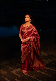 Deep Red Gold Floral Motifs Rich Pallu VIYONA Saree - Ashoka Threads