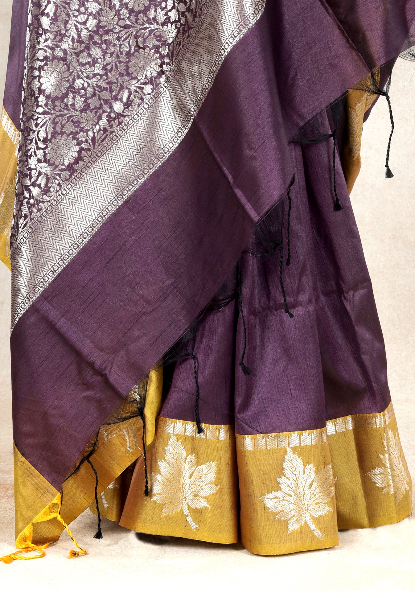 Deep Plum Mustard Floral Border Fancy Silk Saree - FSS-1-1003