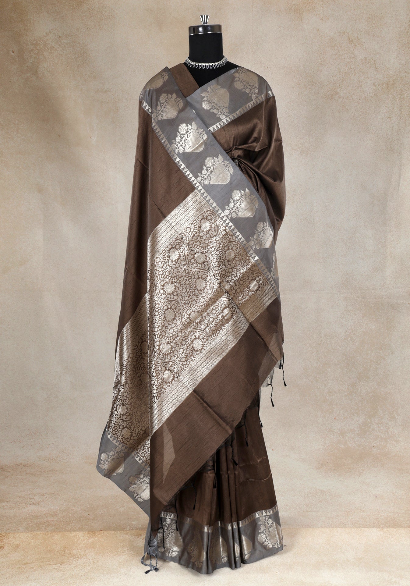Coffee Brown Silver Floral Border Fancy Silk Saree - FSS-1-1006