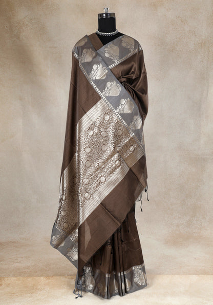 Coffee Brown Silver Floral Border Fancy Silk Saree - FSS-1-1006