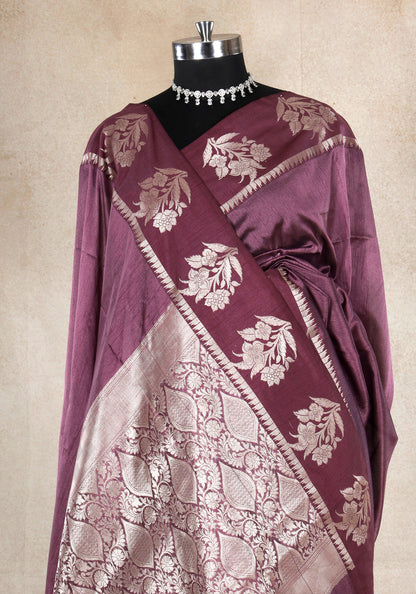 Dhupian Silk Saree Dusty Mauve Silver Floral Border