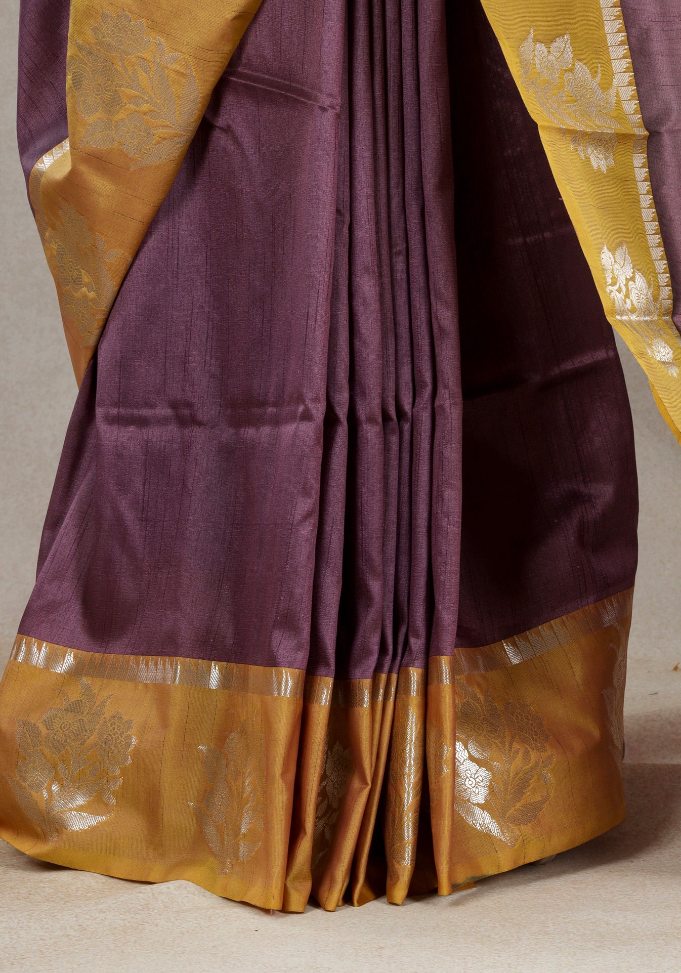 Wine Plum Mustard Floral Pallu Fancy Silk Saree - FSS-1-1004