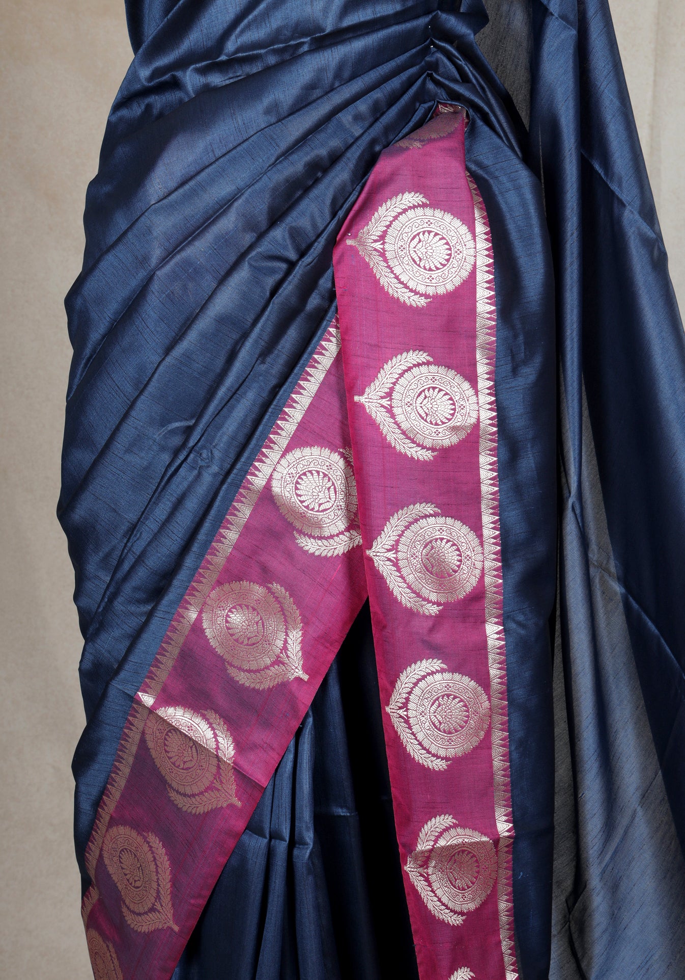 Navy Blue Magenta Silver Motif Fancy Silk Saree - FSS-1-1002