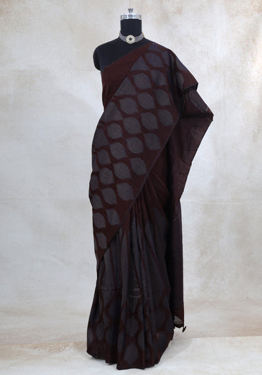 Dhupian Thread Silk Saree Deep Coffee Brown Woven Motif
