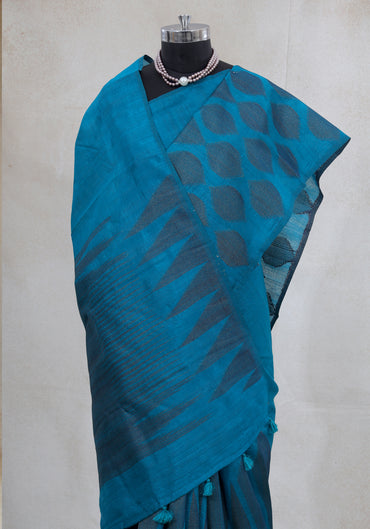 Dhupian Thread Silk Saree Peacock Blue Woven Motif
