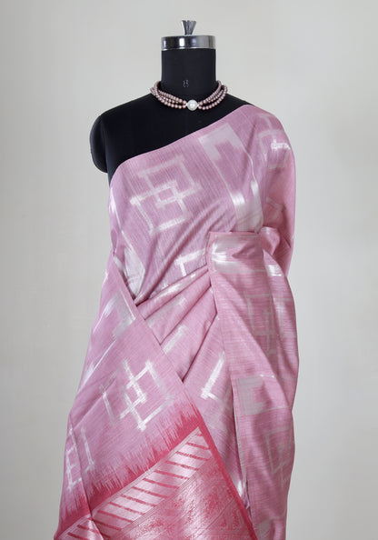 Rose Pink Silver Ikat Tissue Silk Saree - TSS-1-1001