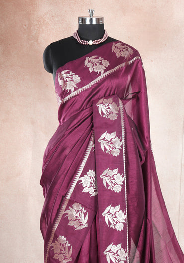 Magenta Wine Silver Floral Border Fancy Silk Saree - FSS-1-1007