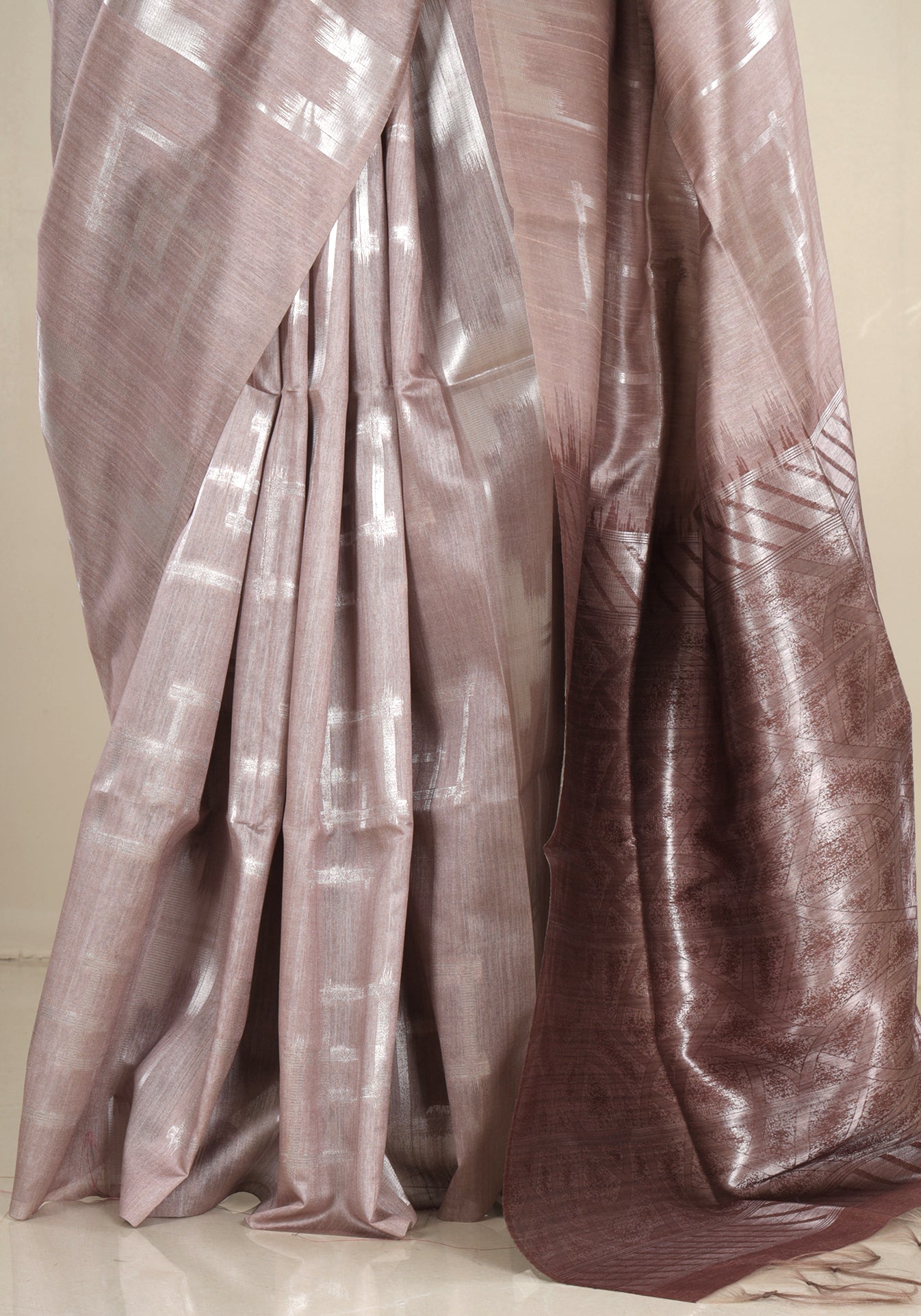 Champagne Beige Silver Geometric Tissue Silk Saree - TSS-1-1003