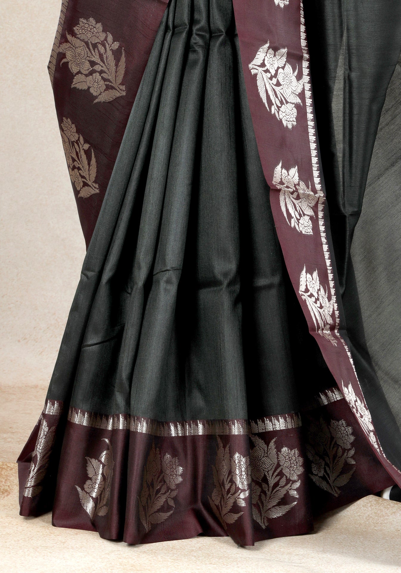 Forest Green Wine Silver Floral Border Fancy Silk Saree - FSS-1-1005