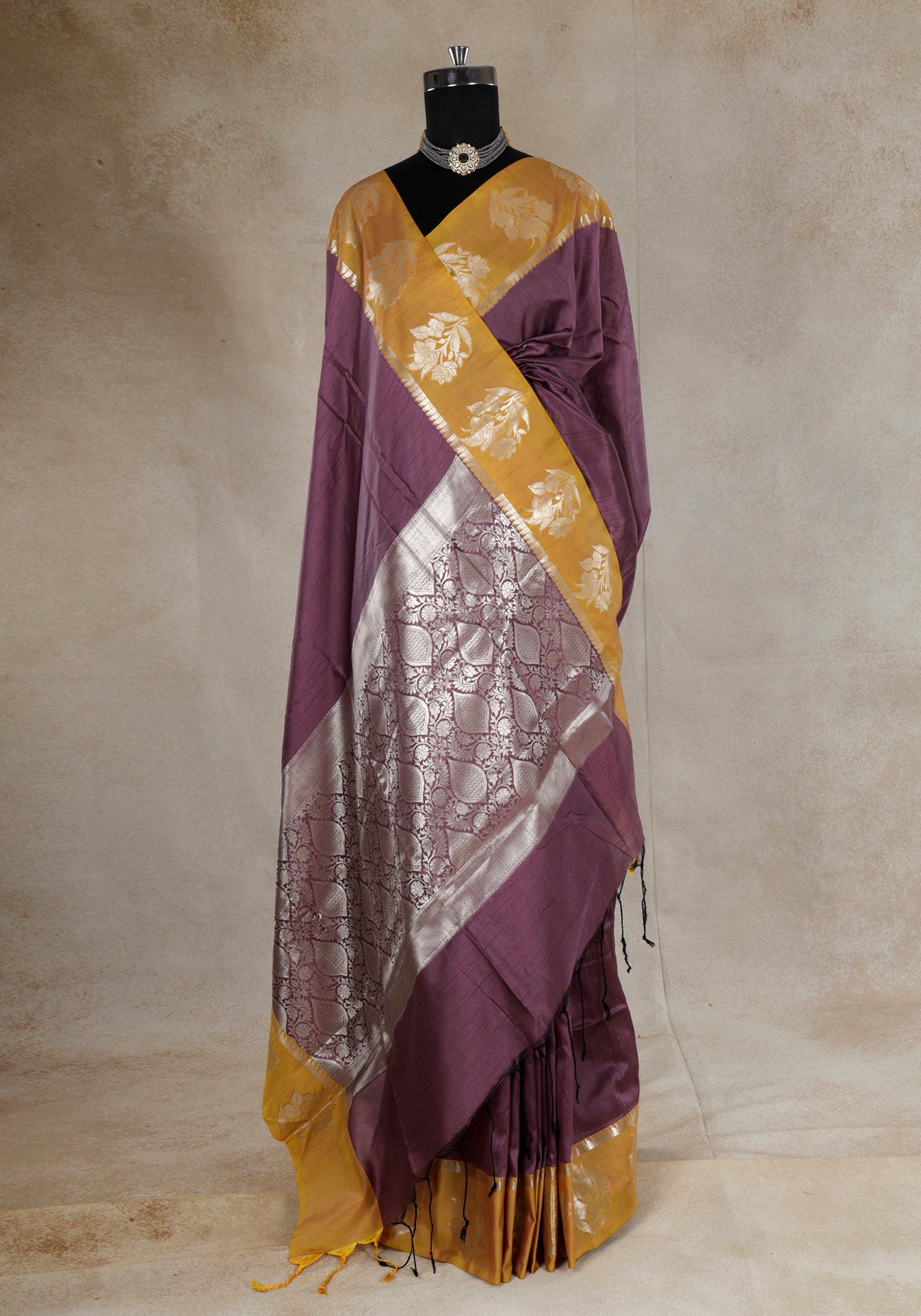 Wine Plum Mustard Floral Pallu Fancy Silk Saree - FSS-1-1004