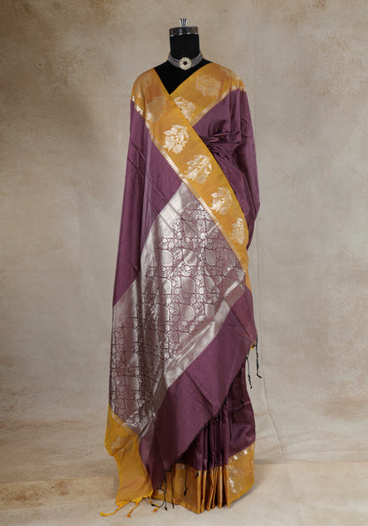 Wine Plum Mustard Floral Pallu Fancy Silk Saree - FSS-1-1004