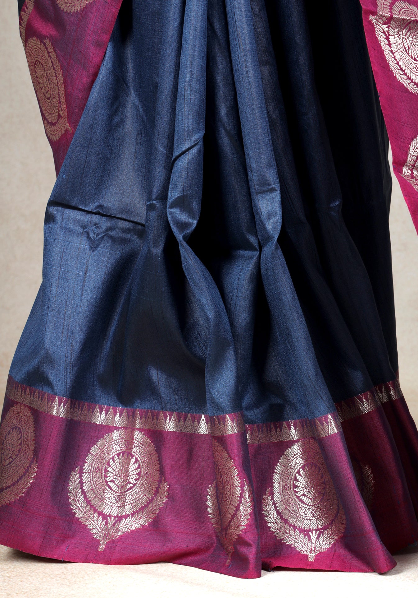 Navy Blue Magenta Silver Motif Fancy Silk Saree - FSS-1-1002