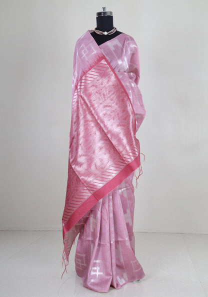 Rose Pink Silver Ikat Tissue Silk Saree - TSS-1-1001