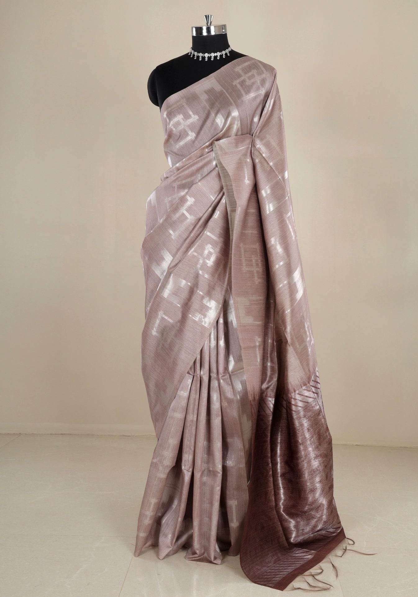 Champagne Beige Silver Geometric Tissue Silk Saree - TSS-1-1003