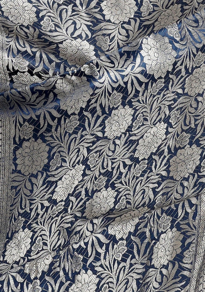Navy Blue Magenta Silver Motif Fancy Silk Saree - FSS-1-1002