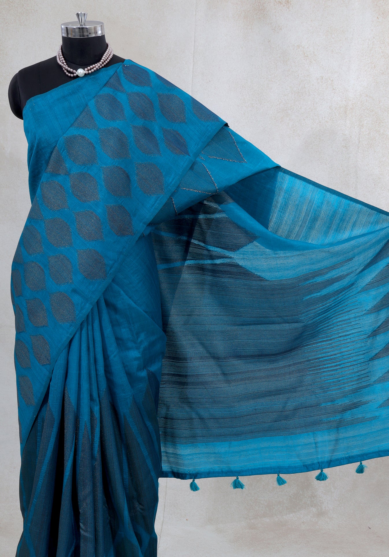 Dhupian Thread Silk Saree Peacock Blue Woven Motif