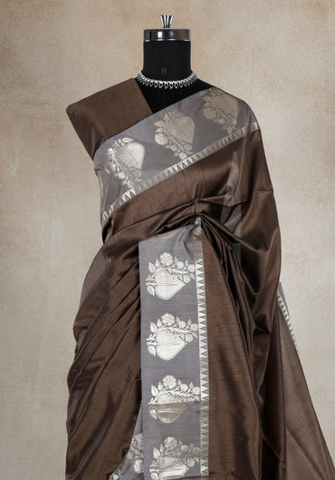 Coffee Brown Silver Floral Border Fancy Silk Saree - FSS-1-1006