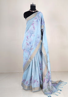 Linen Cotton Saree Powder Blue Pastel Floral