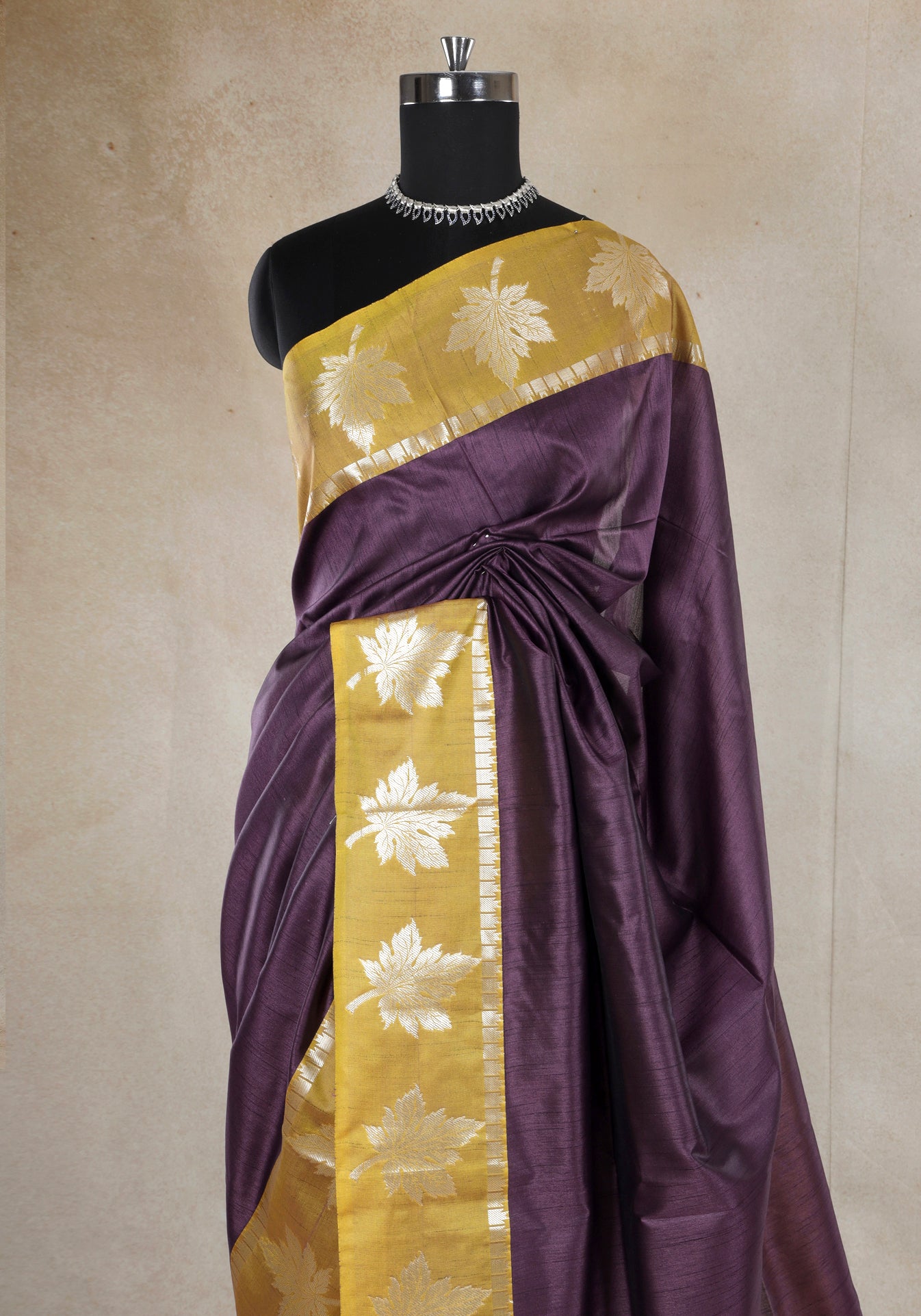 Deep Plum Mustard Floral Border Fancy Silk Saree - FSS-1-1003