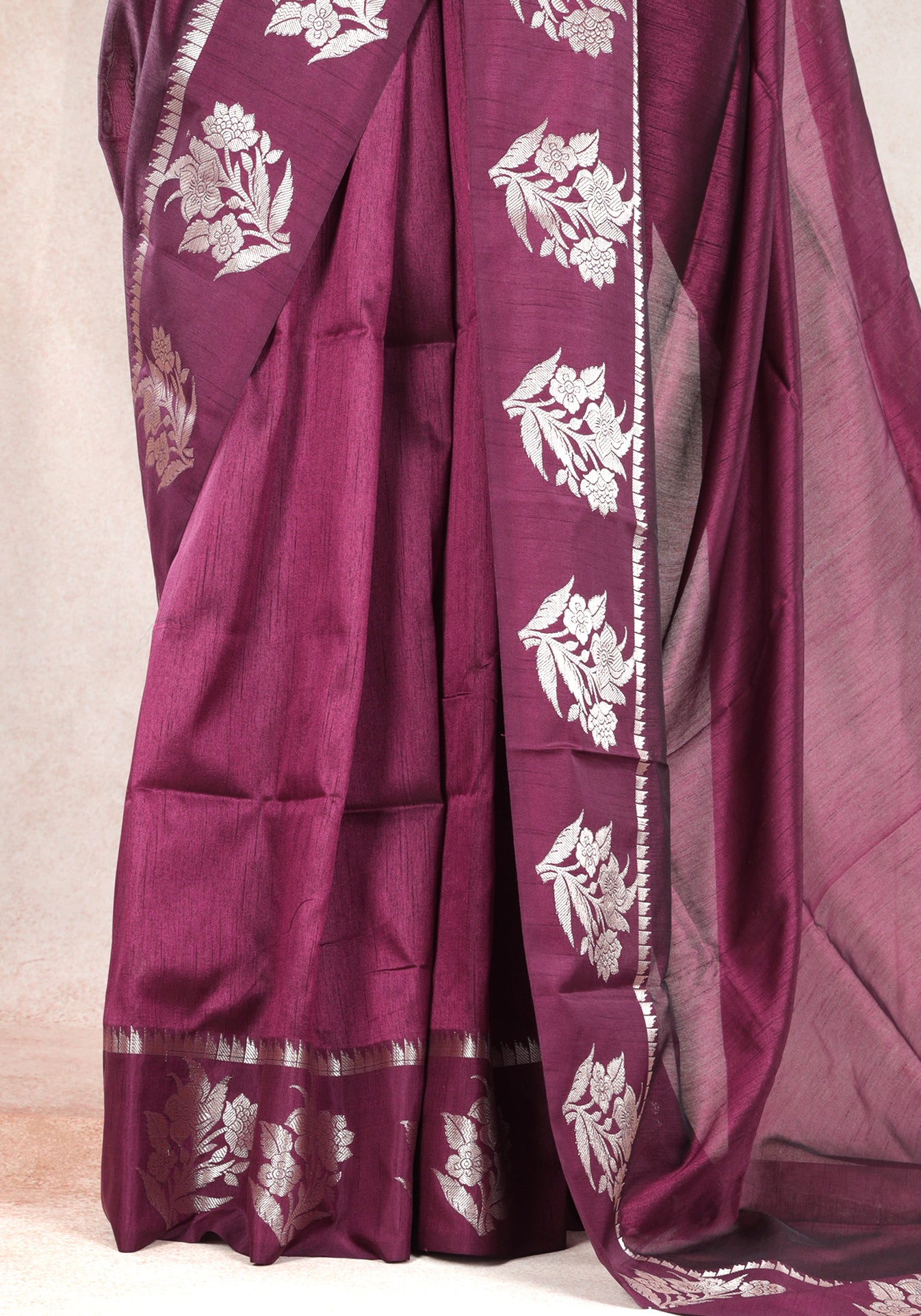 Magenta Wine Silver Floral Border Fancy Silk Saree - FSS-1-1007
