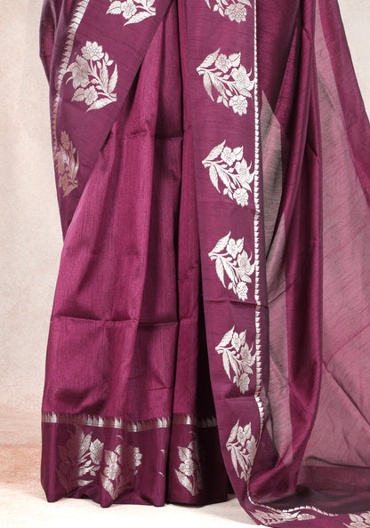 Magenta Wine Silver Floral Border Fancy Silk Saree - FSS-1-1007