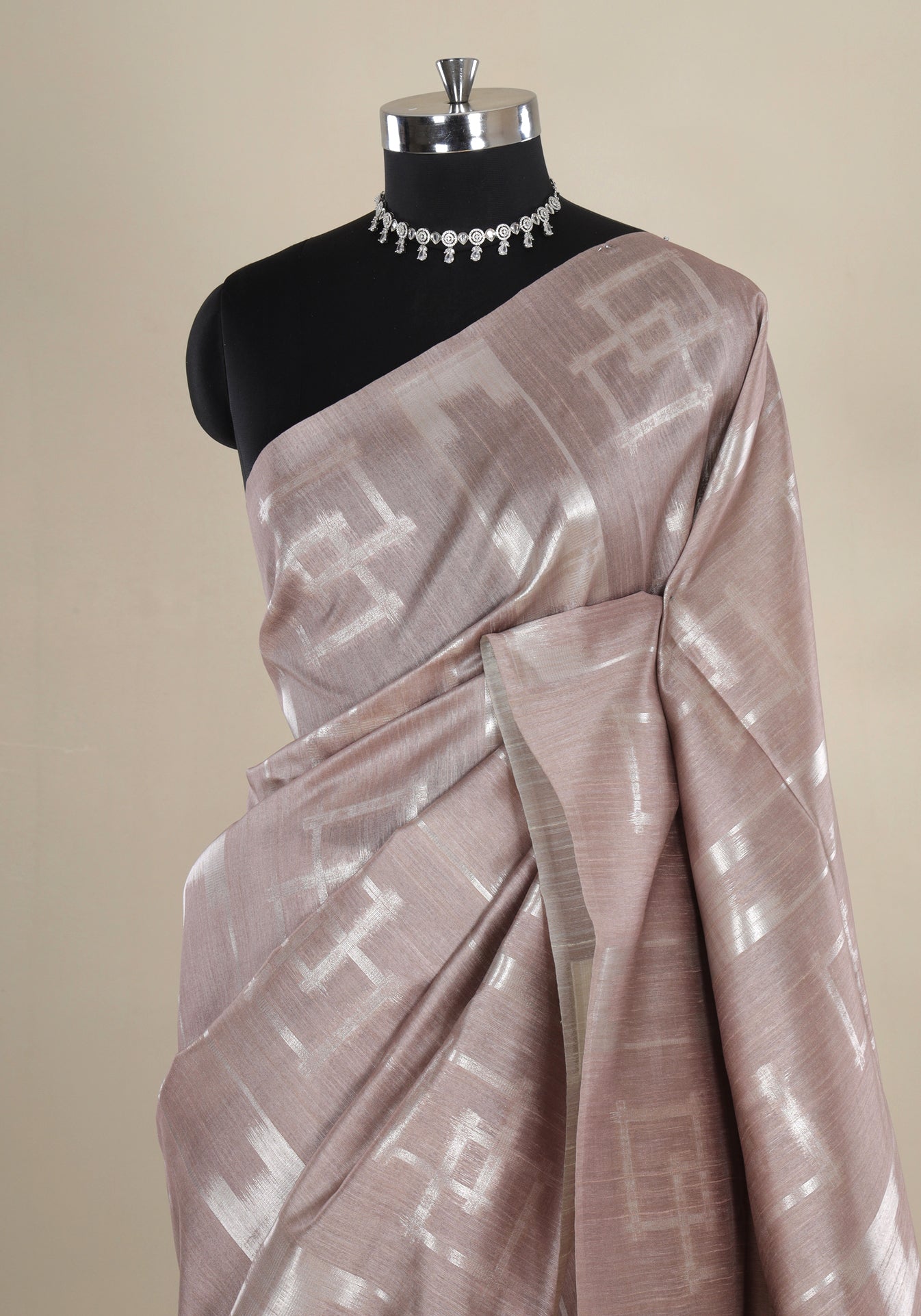 Champagne Beige Silver Geometric Tissue Silk Saree - TSS-1-1003