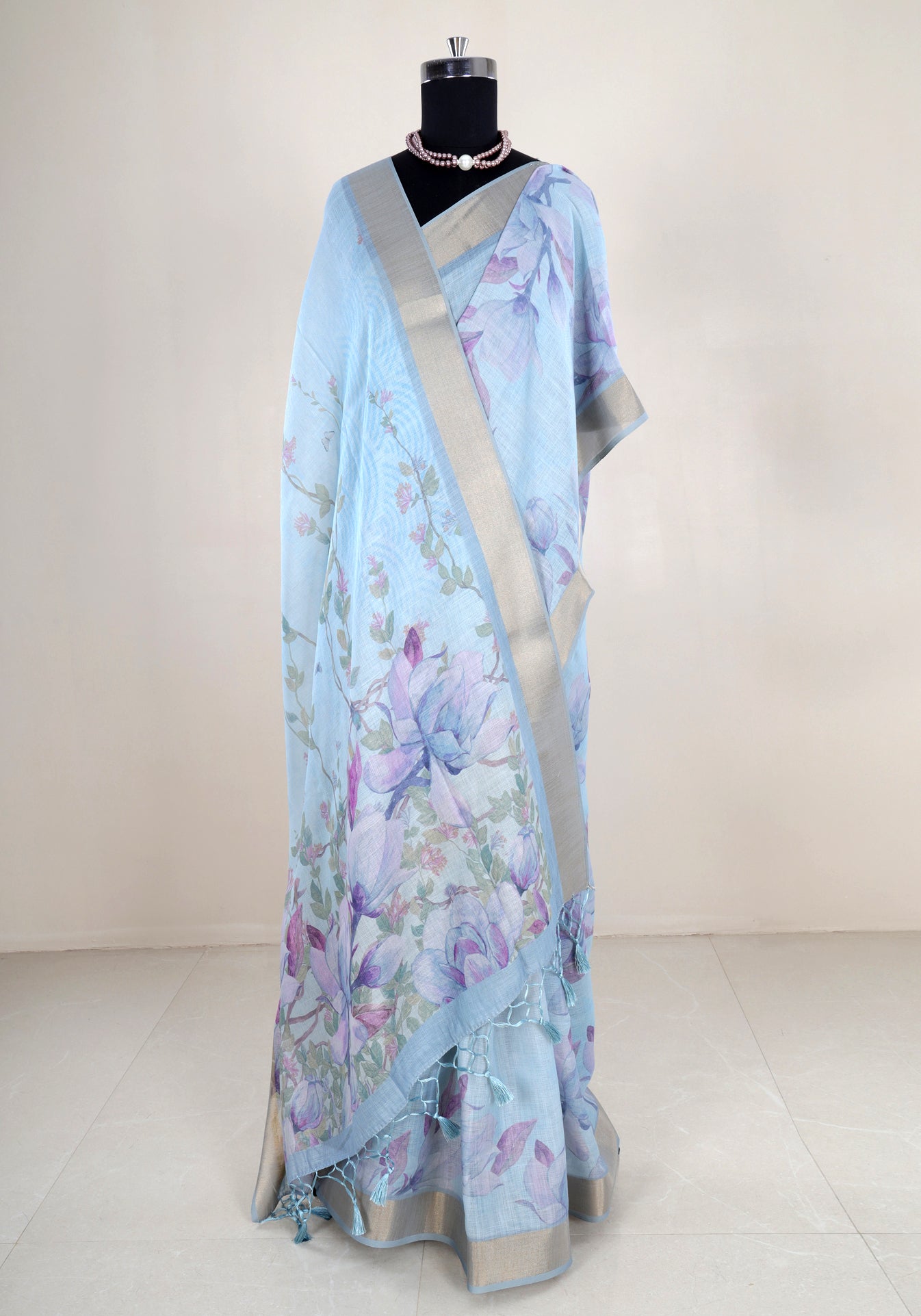 Powder Blue Pastel Floral Soft Organza Saree - FUS-1-1002