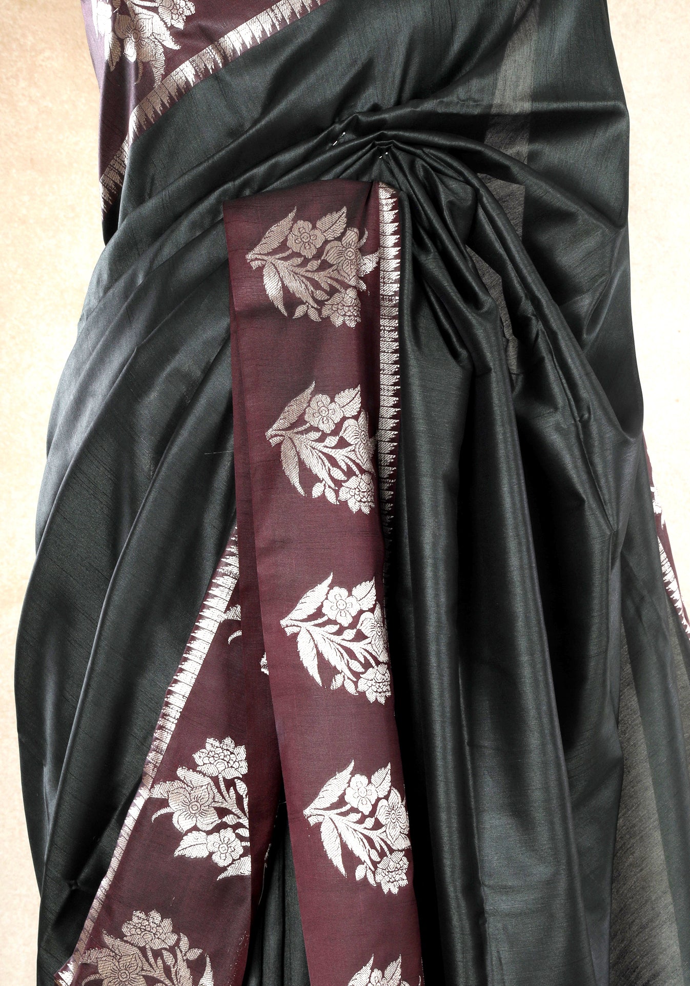 Forest Green Wine Silver Floral Border Fancy Silk Saree - FSS-1-1005