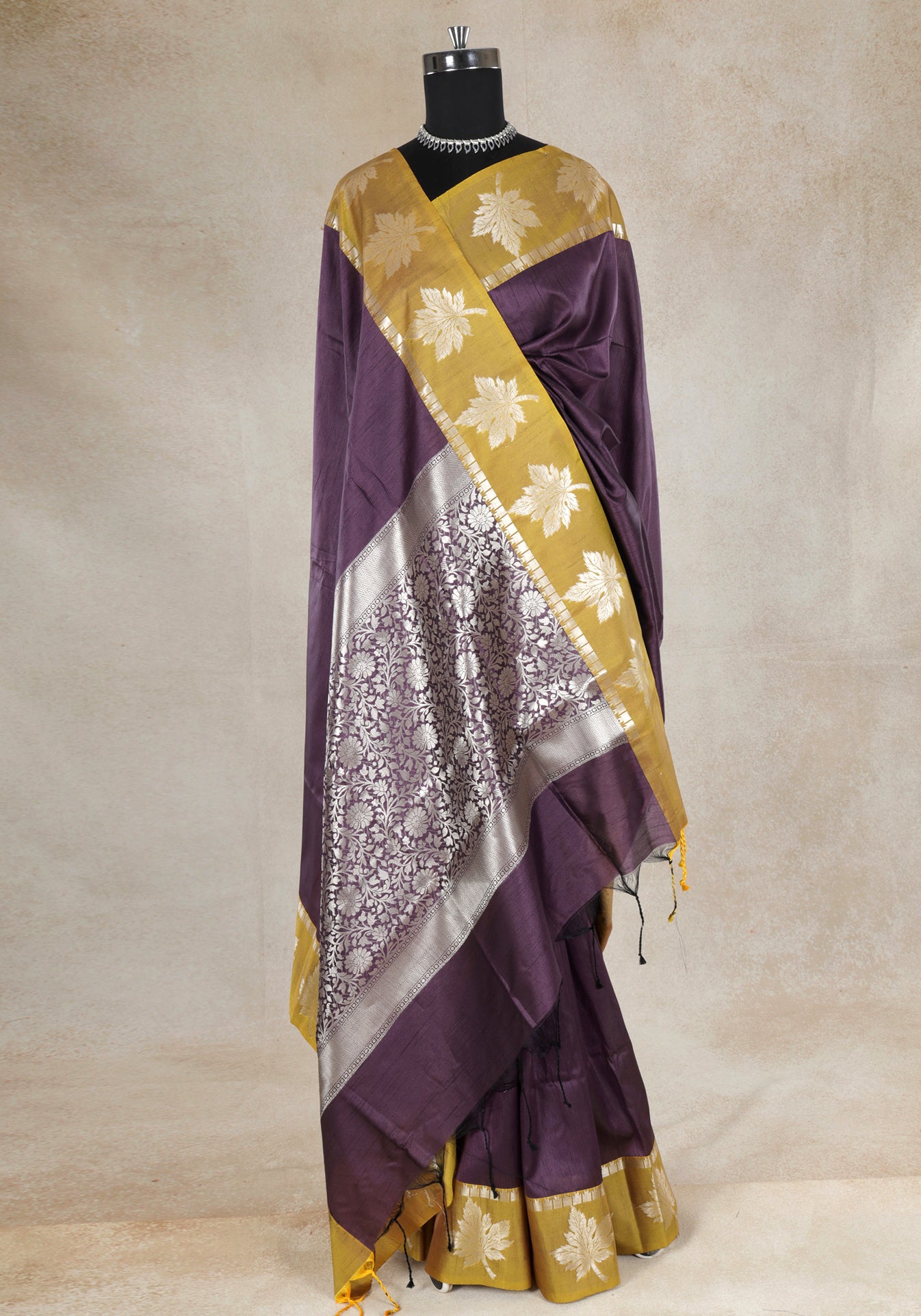 Deep Plum Mustard Floral Border Fancy Silk Saree - FSS-1-1003
