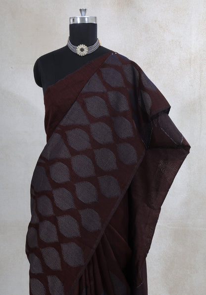 Dhupian Thread Silk Saree Deep Coffee Brown Woven Motif