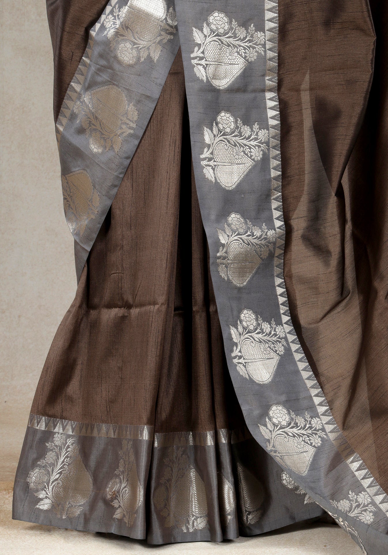 Coffee Brown Silver Floral Border Fancy Silk Saree - FSS-1-1006