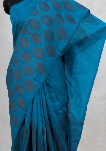 Dhupian Thread Silk Saree Peacock Blue Woven Motif