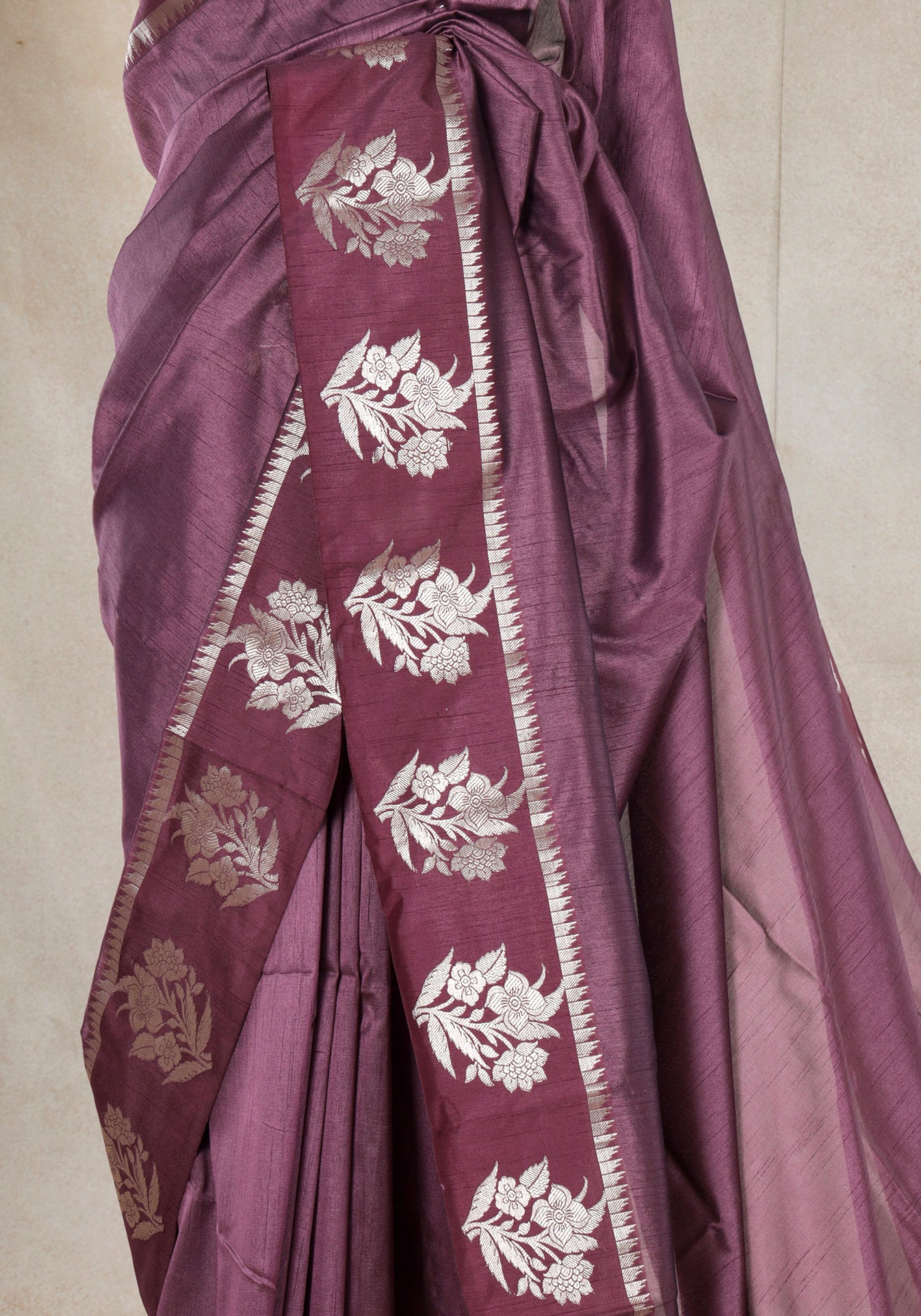 Dhupian Silk Saree Dusty Mauve Silver Floral Border