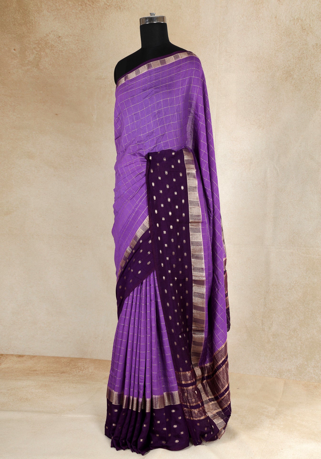 Violet Purple Checkered Border Fancy Saree - VGS-1-3001
