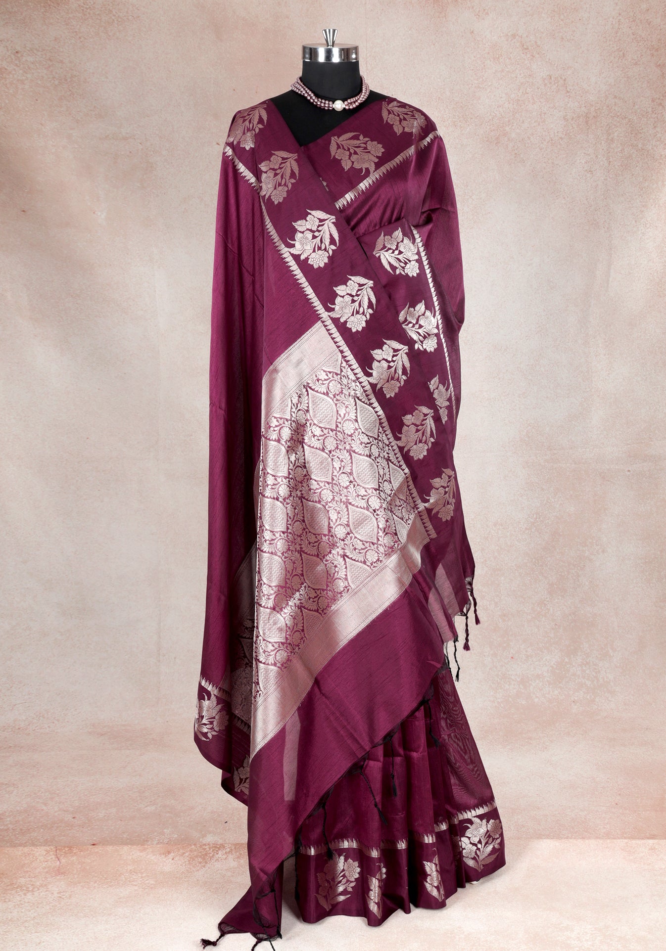 Magenta Wine Silver Floral Border Fancy Silk Saree - FSS-1-1007