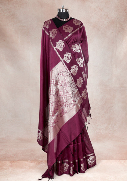 Magenta Wine Silver Floral Border Fancy Silk Saree - FSS-1-1007