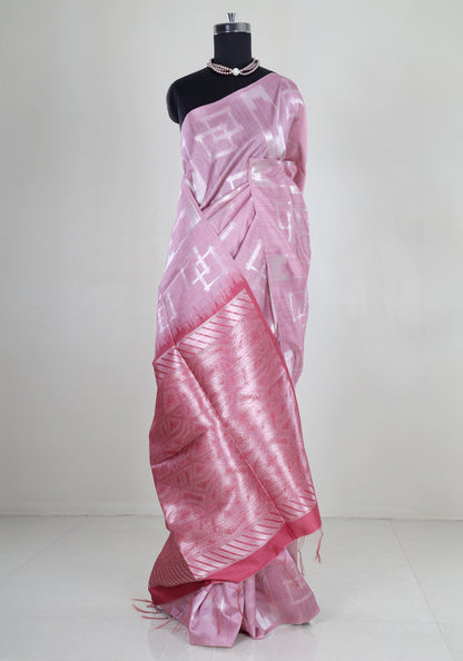 Rose Pink Silver Ikat Tissue Silk Saree - TSS-1-1001