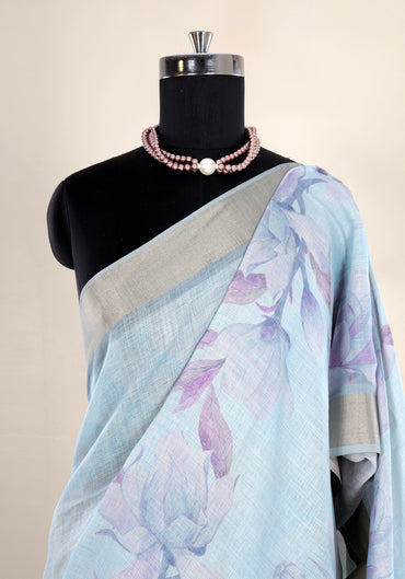 Powder Blue Pastel Floral Soft Organza Saree - FUS-1-1002