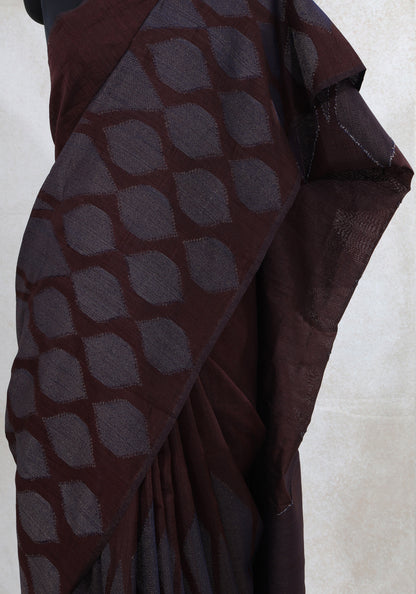 Dhupian Thread Silk Saree Deep Coffee Brown Woven Motif