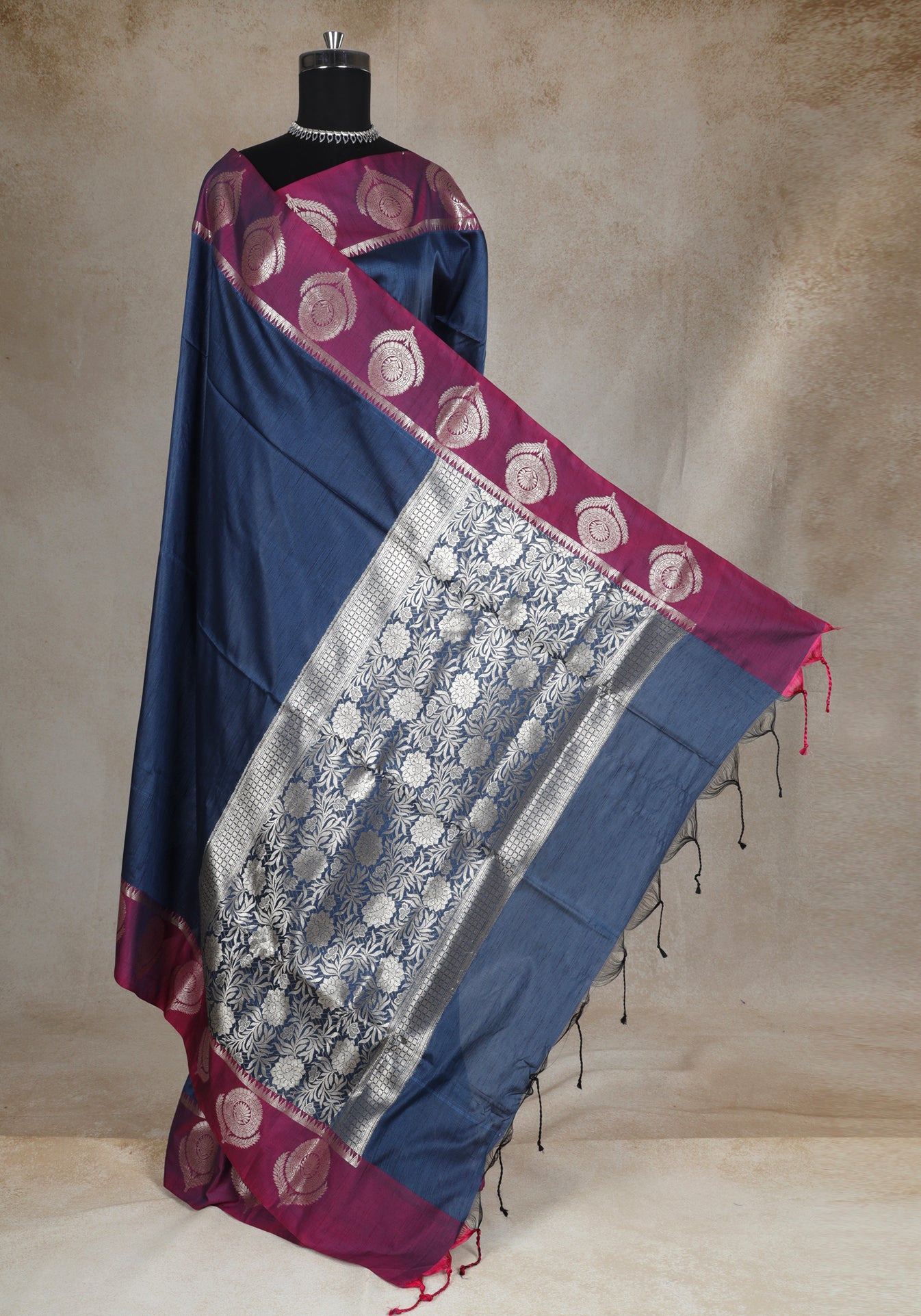 Navy Blue Magenta Silver Motif Fancy Silk Saree - FSS-1-1002
