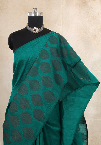 Emerald Teal Woven Motif Tissue Silk Saree - TBS-1-2004