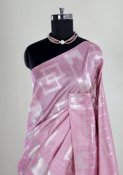 Rose Pink Silver Ikat Tissue Silk Saree - TSS-1-1001