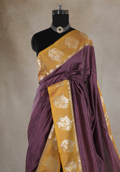 Wine Plum Mustard Floral Pallu Fancy Silk Saree - FSS-1-1004