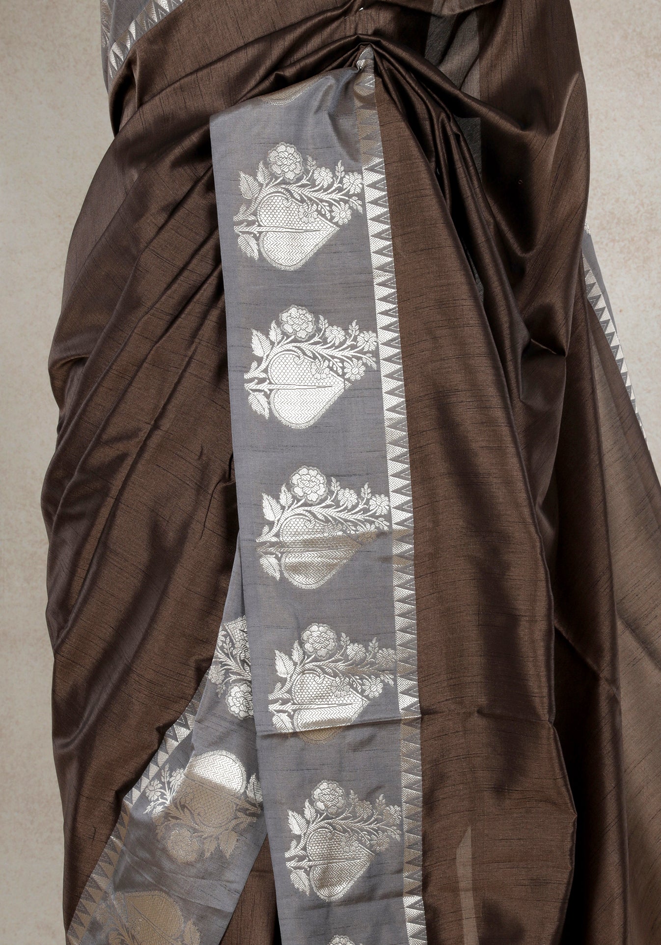 Coffee Brown Silver Floral Border Fancy Silk Saree - FSS-1-1006