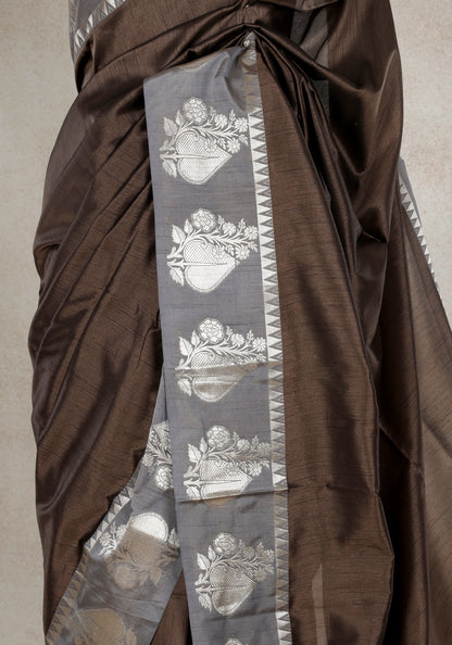 Coffee Brown Silver Floral Border Fancy Silk Saree - FSS-1-1006